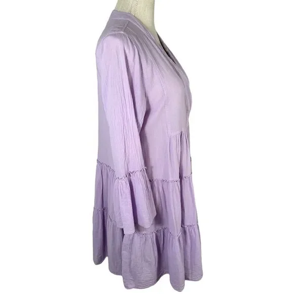 Devotion TWINS Lavender Purple Ella Tiered 3/4 Sleeve Boho Mini Dress - Picture 4 of 8